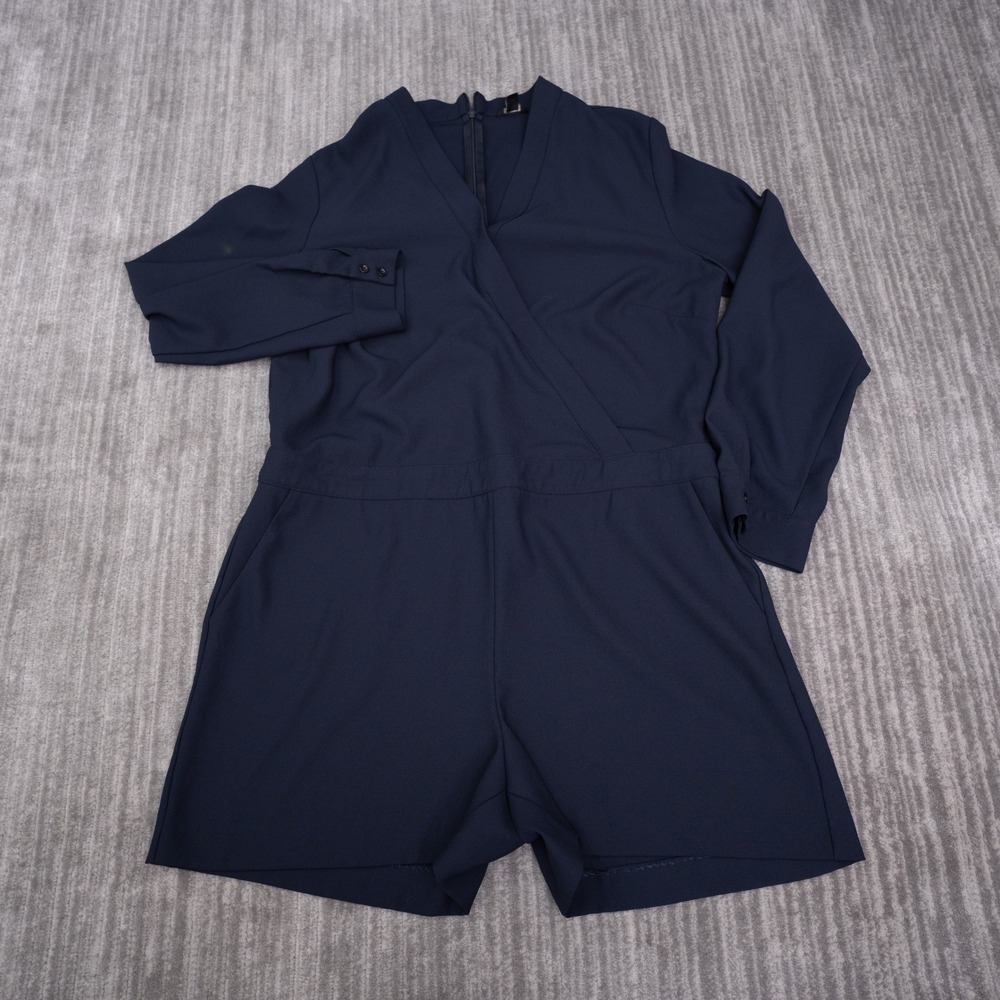 Ann Taylor Romper Womens 14 Navy Blue Excellent Long Sleeve Wrap V-Neck Pocket